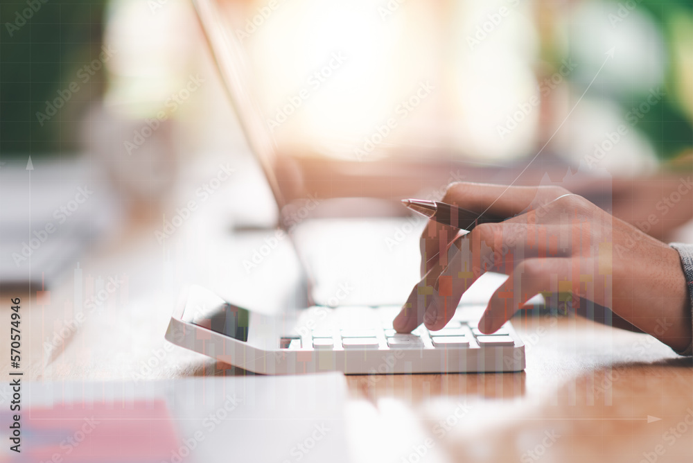 Poster accountant calculating numbers in company financial documents with calculator, analysis of company f