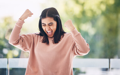 Winning, winner or Indian woman with yes, wow and success fist pump for excited news, bonus or...