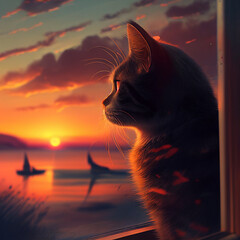 Obraz premium Cat at Sunset - AI Generated 