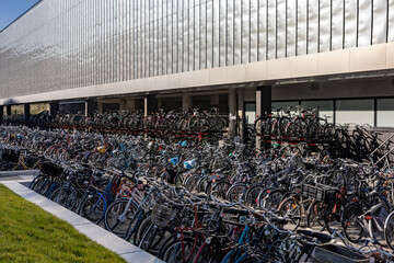 Rotterdam, Netherlands Rows of bicycles parked at the Rotterdam Central Station.