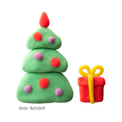 Plasticine Christmas tree with balls and a gift in a box with a bow