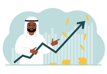 The man is holding an arrow pointing up. The concept of growth in business, company promotion or business income growth.