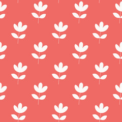 Simple white floral on orange seamless pattern texture. Spring and summer floral illustration. Tiled background. Gift wrapper paper.