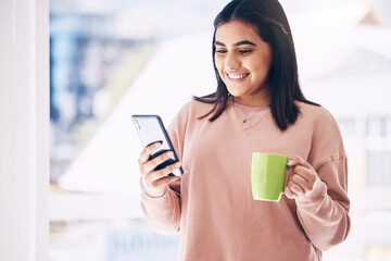 Woman, phone or drinking coffee in house, home or penthouse apartment on social media app, internet or dating website. Happy smile, student and relax tea cup, mobile blog or communication technology