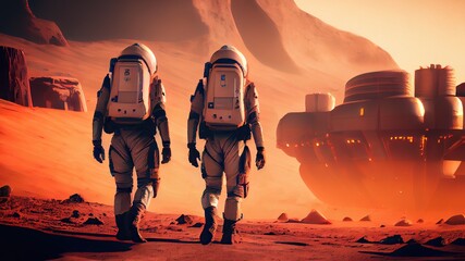 Astronauts in space suit on Mars exploration mission, concept of colonization, discovery, space travel. Generative AI