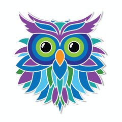 Cute owl sticker with white stoke. Colorful owl icon on paper on white background with shadow. Vector trendy illustration. Character design flat style sticker with color drawings.
