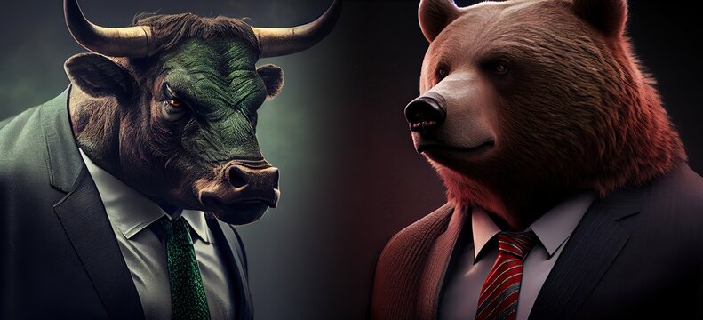 Bull versus bear in suits facing each other, trading on forex concept. Bullish vs bearish trend. Generative AI