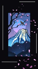 Spring illustration of nature with sakura blooming, bird and mountain on Japanese style.