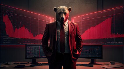 Bear in red suit with downtrend candlestick charts on monitors, bear market, trading volatility and recession concept. Generative AI - obrazy, fototapety, plakaty