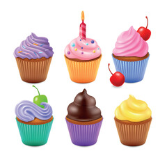 3d birthday cakes set, cupcake cup. Sweet muffin, chocolate and vanilla food dessert, candles and cherry on bakery, cute candy decor. Tasty products for party. Vector realistic isolated objects
