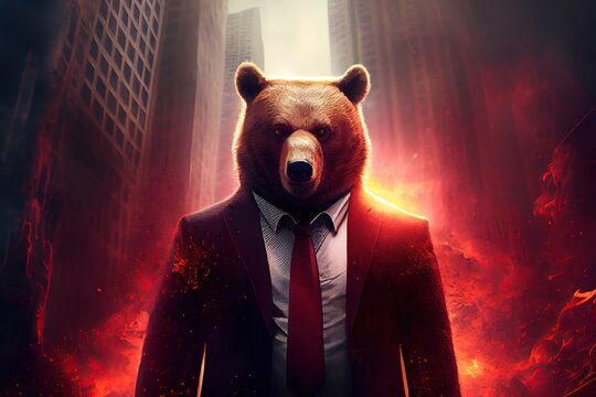Angry bear in suit with red tie on Wall Street, concept of falling stock market. Generative AI