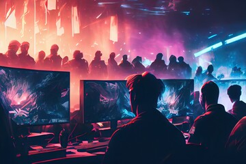 Major esports event, team of professional gamers playing in offline gaming tournament on stadium. Generative AI