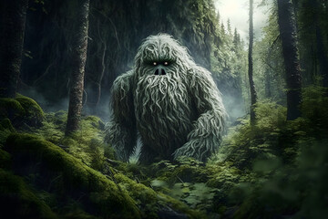 Yeti or abominable snowman walks through winter forest area. Neural network generated art - obrazy, fototapety, plakaty