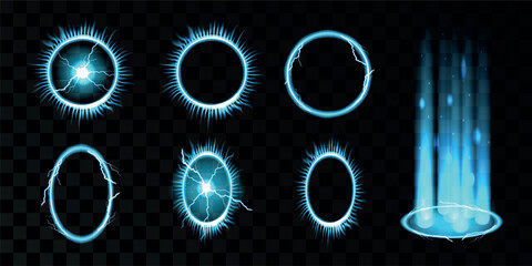 Neon portals, 3d magic energy aura. Circle light technology, realistic universe orb effect, transparent circular lines. Round frames or hole tunnel, realistic elements. Vector illustration