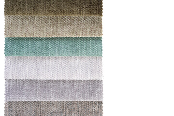 Fototapeta premium Colorful textile samples, isolated on white background. Fabric swatches, set in different colors for selection. Variety of upholstery material for furniture and interior. Banner, header, copy space