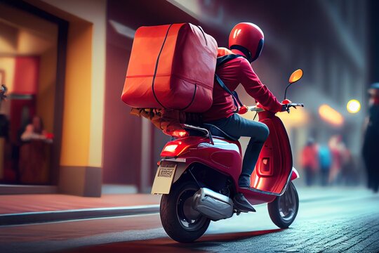 Delivery man on scooter driving on the street of city. Food delivery app. Generative AI