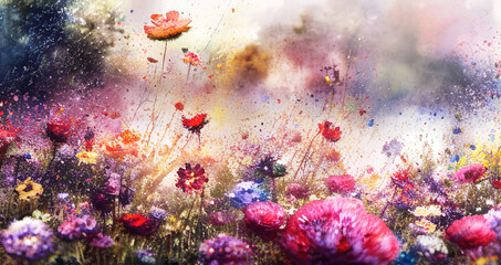Obraz na płótnie Canvas Watercolors flowers background, abstract flowers made from whatercolor paint splashes, 3d illustration impressionism style. Generative AI.