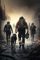 Fototapeta premium Volunteer firefighter and trained dog working rescuing people and saving lives in a city affected by an earthquake. Solidarity and humanitarian aid concept against natural disasters. Ai generated art