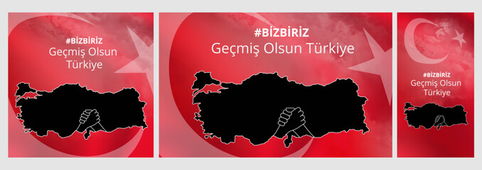 Pray for Turkey earthquake. Turkish: Geçmiş olsun Türkiye. Map of Turkey in color of national flag with cracks. Help, solidarity Maras, Hatay Turkey earthquake. Pray for Turkey Vector illustration