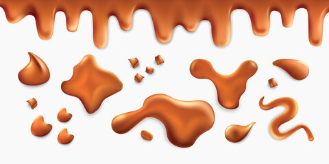 Melt caramel butter, toffee sauce. 3d cream drop and splash, liquid sugar syrup, flow candy drip and stain, delicious puddle. Melting sweet border, confectionery elements vector realistic set