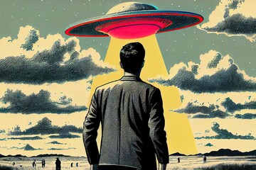 Back view of man looking at alien invasion, UFO flying in the sky, concept of evidence and sighting, retro illustration. Generative AI - obrazy, fototapety, plakaty