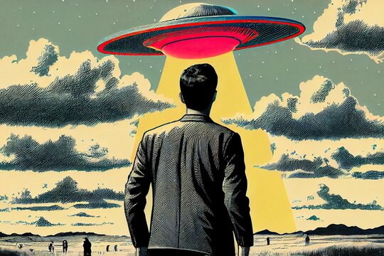 Back view of man looking at alien invasion, UFO flying in the sky, concept of evidence and sighting, retro illustration. Generative AI