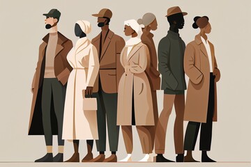 Flat minimalist illustration of group of diverse people. Beige and brown color palette. Generative AI
