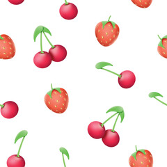 Realistic falling strawberry, cherry pattern. 3d summer fruits and food, healthy red diet, natural organic dessert.Decor textile, wrapping paper. Print for fabric. Vector seamless design