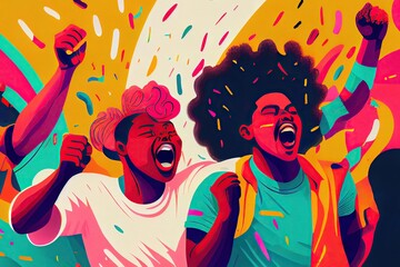 Minimalist art illustration of people celebrating victory, raising fists with excitement. Generative AI