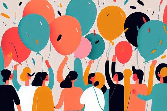 Flat minimalist colorful illustration of people celebrating birthday party holding balloons and drinks. Generative AI