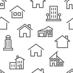 Hand drawn house pattern. Scribble home. Village community. Textured countryside items. Architecture icons. Residential buildings. Cottages or apartments. Vector seamless background