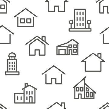 Hand drawn house pattern. Scribble home. Village community. Textured countryside items. Architecture icons. Residential buildings. Cottages or apartments. Vector seamless background