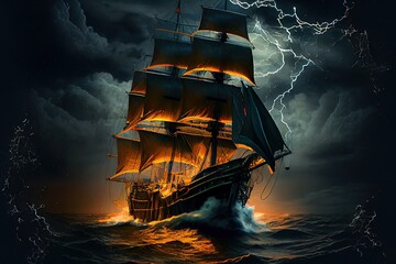 Old sailing ship with white sails in ocean in the storm. Generative AI