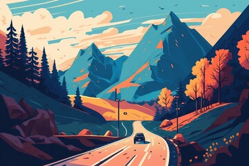 Auto und Alpen Berge - Straße blau gelb- Kunst Illustration Generative AI