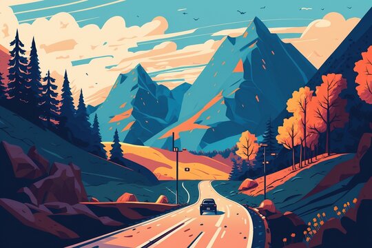 Auto und Alpen Berge - Stra&szlig;e blau gelb- Kunst Illustration Generative AI