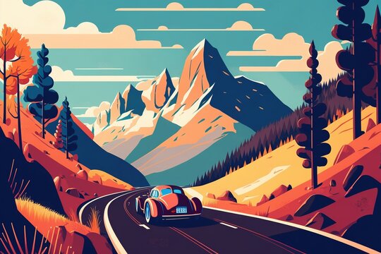 Auto und Alpen Berge - Stra&szlig;e orange rot- Kunst Illustration Generative AI