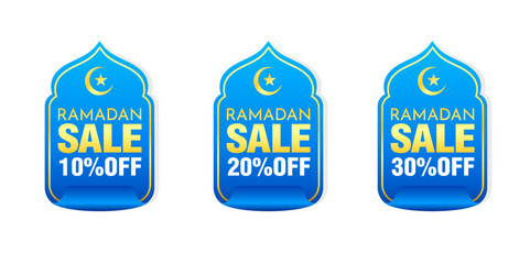 Ramadan sale blue stickers set 10%, 20%, 30% off discount