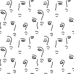Vector seamless pattern with silhouettes of faces. Doodle pattern for printing, packaging, textiles, wallpaper