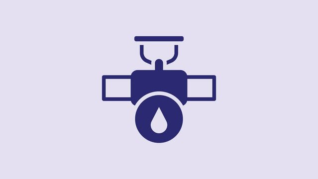 Blue Industry metallic pipe and valve icon isolated on purple background. 4K Video motion graphic animation
