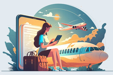Women Online Airplane Ticket booking service with Samartphone illustration, Reservation Airplane ticket With Internet Serves, Concept mobile app, Generative Ai
