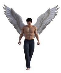Sexy shirtless fantasy male angel in a fight pose, Book cover design image.3d rendering - 570582192
