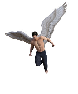 Sexy shirtless fantasy male angel in a fight pose, Book cover design image.3d rendering