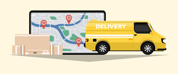 Delivery van products with navigation device, Digital marketing illustration.
