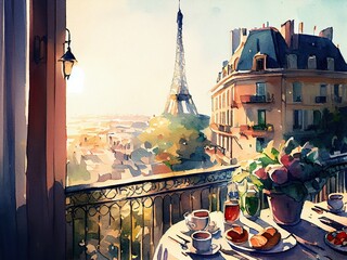 Watercolor artwork of luxury breakfast in Paris on sunny morning. Generative AI