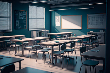Fototapeta na wymiar A modern classroom with tables and chairs, interior design - Generative AI