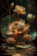 Magische Lotusblumen in einer fantasievollen Umgebung, generative KI