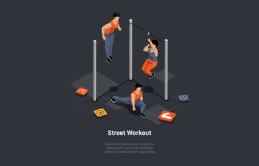 Sports Activity Street Workout And Physical Exercises. Characters On Apparatus Are Making Excercises Outdoors For Different Muscle Groups . Fitness Workout In Gym. Isometric 3d Vector Illustration