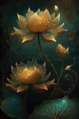 Magische Lotusblumen in einer fantasievollen Umgebung, generative KI - obrazy, fototapety, plakaty