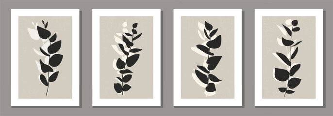 Set of minimalist botanical composition with leaves abstract collage