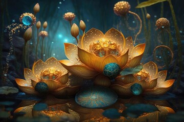 Magische Lotusblumen in einer fantasievollen Umgebung, generative KI
